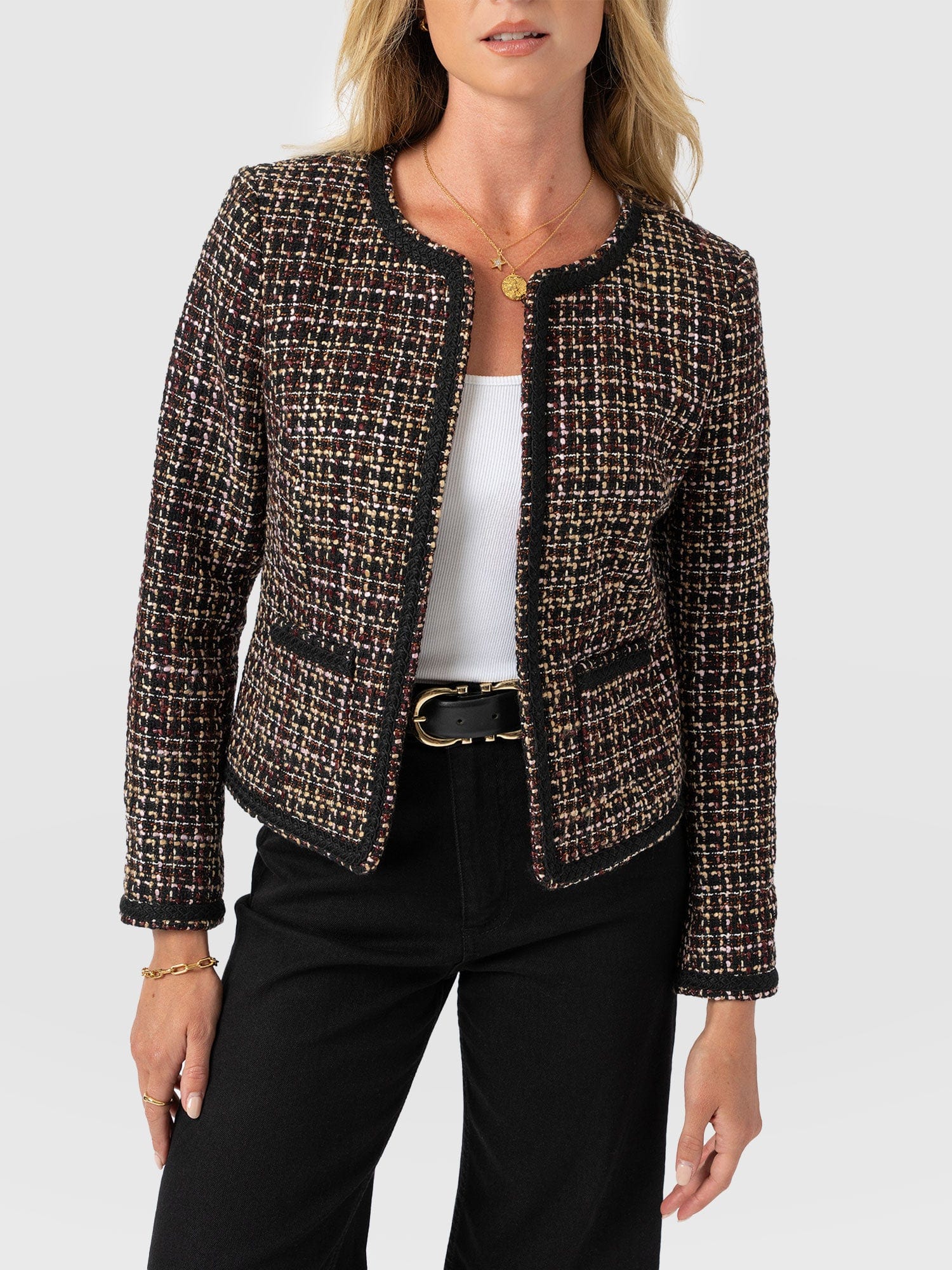 Rayner Jacket - Black/Burgundy/Gold Boucle - Women's Jackets | Saint + Sofia® USA